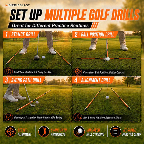 Golf drills setup using Collapsible Golf Alignment Sticks Set, 40 Inch Premium Practice Aiming And Swing Training, Multi Pack.