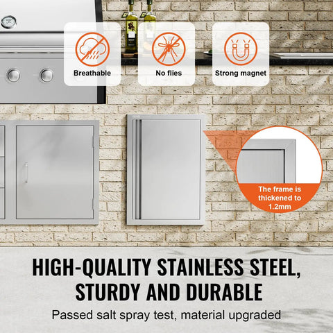 Stainless Steel BBQ Access Door For Outdoor Kitchen 17x24 Inch Flush Mount Wall Panel With Recessed Handle shown on brick wall