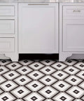Geometric Black Peel And Stick Vinyl Floor Tiles Pack Of 10 12x12 Inches Water Resistant And Washable With Permanent Adhesive Easy No Mess Install Durable Flooring For Kitchen Bathroom Or Living Areas shown in kitchen setting