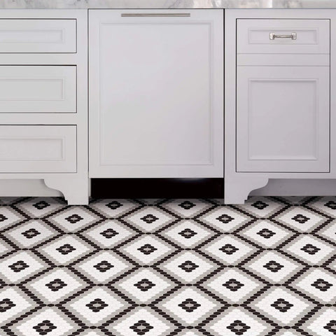 Geometric Black Peel And Stick Vinyl Floor Tiles Pack Of 10 12x12 Inches Water Resistant And Washable With Permanent Adhesive Easy No Mess Install Durable Flooring For Kitchen Bathroom Or Living Areas shown in kitchen setting