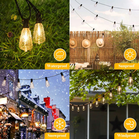 Collage showing 30 Ft LED Outdoor String Lights With 16 Edison Shatterproof Bulbs Commercial Grade, installed in different weather conditions.