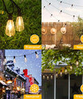 150Ft Outdoor Edison String Lights With 77 Dimmable ST38 LEDs, shatterproof, showcasing waterproof and snowproof features outdoors.