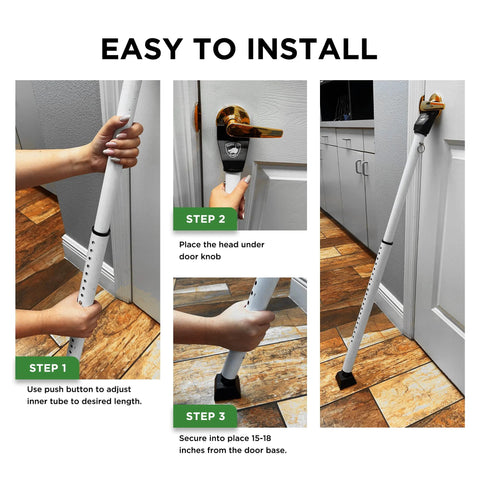 Sliding Door Security Bar 2-In-1 Adjustable Door Jammer With 40 Adjustable Positions shown being installed under a doorknob