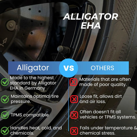 Comparison of TPMS Tire Valve Caps Set Of 4 Black Alligator EHA vs others, highlighting quality, TPMS compatibility, and durability.