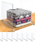 Clear Acrylic Shelf Dividers For Closet Organization, No Fuss 8 Pack Shelf Dividers separating folded clothes on wooden shelf