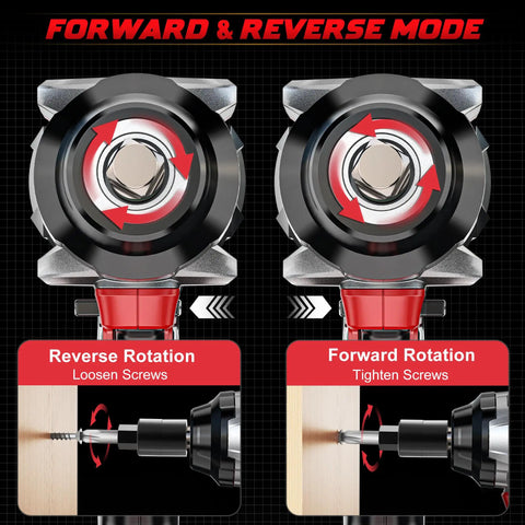 Forward and reverse mode of Badass Cordless Impact Wrench For Fast Car Tire Fixes, showing tightening and loosening actions.