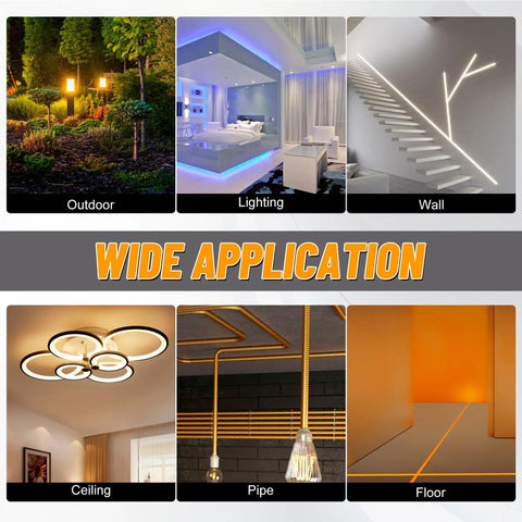 Various applications of LED lighting including outdoor, ceiling, and floor use, showcasing versatile design and functionality.