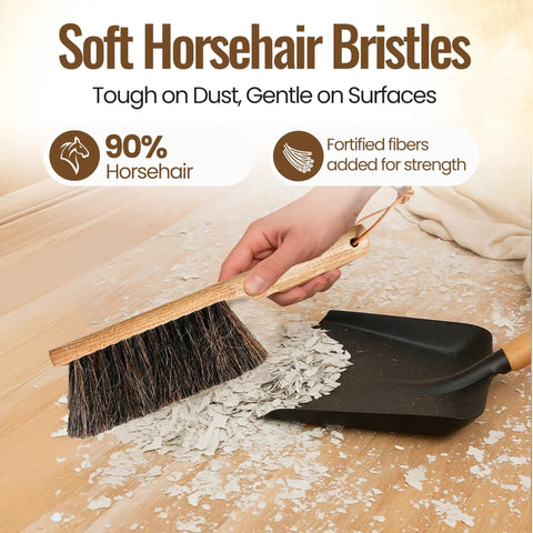 Person using 13 Inch Horsehair Woodworking Brush For Countertop Furniture Drafting Patio Fireplace Cleaning And Leather Care Hand Finished In The USA With Undyed Natural Bristles