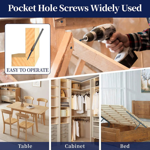 Exterior Pocket Hole Screws One And A Half Inch, washer head used in woodworking projects like table, cabinet, and bed construction.