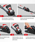 Step-by-step guide for using Four Pack Heavy Duty Retractable Ratchet Straps 1 Inch By 12 Feet With 1500 Pound Break Strength Auto Self Retracting Tie Downs S Hook With Safety Clips For Trucks Cargo ATV And Motorcycle, showing handle operation and hook attachment.