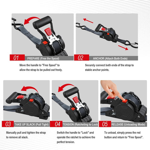 Step-by-step guide for using Four Pack Heavy Duty Retractable Ratchet Straps 1 Inch By 12 Feet With 1500 Pound Break Strength Auto Self Retracting Tie Downs S Hook With Safety Clips For Trucks Cargo ATV And Motorcycle, showing handle operation and hook attachment.