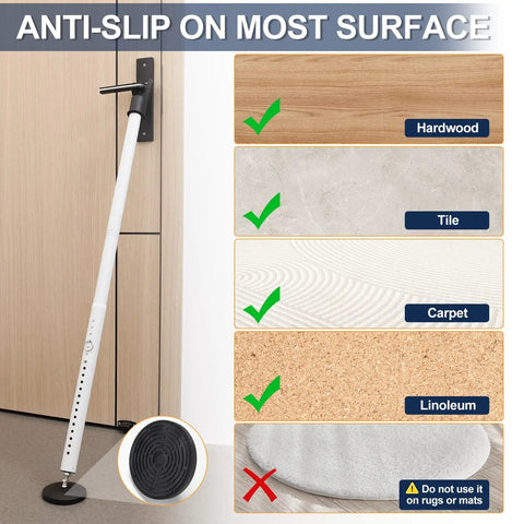 Heavy Duty Door Security Bar 1.25 Inch Diameter With Large Rubber Base Adjustable Y Head Durable Door Stopper For Apartment Home Hotel Travel And Screen Doors White 1 Pack installed on door with surface compatibility list: hardwood, tile, carpet, linoleum.