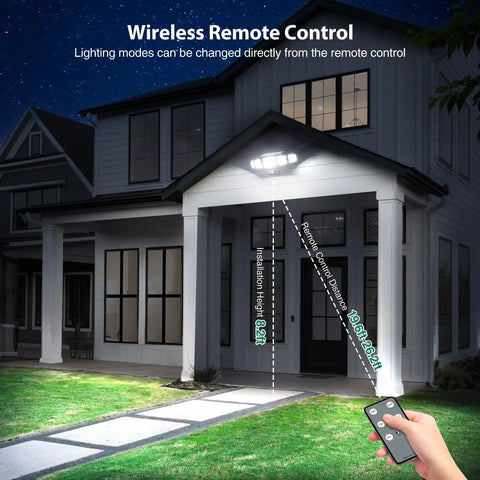 Solar Motion Flood Lights Outdoor 4000LM 236 LED 5 Head with remote control illuminating house entrance at night
