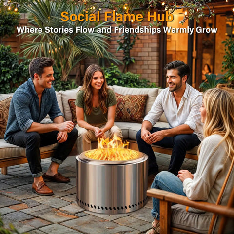 Group enjoying 20 Inch Smokeless Patio Fire Pit For Backyard Hangouts, Garden And Patio, Stainless Steel Outdoor Wood Burning Fire Pit