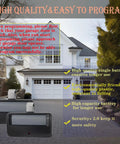 Universal Learn Button Garage Door Opener Remote with programming instructions in front of a house, high quality and easy use.