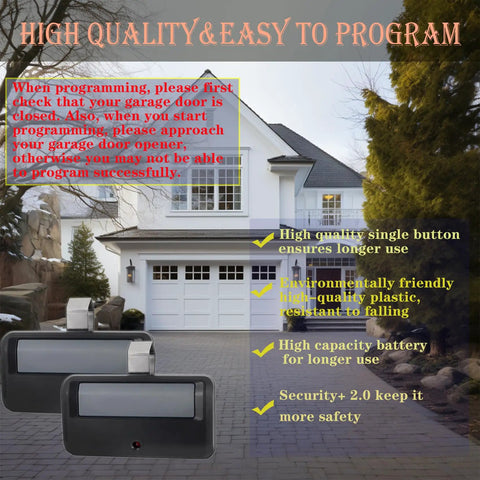Universal Learn Button Garage Door Opener Remote with programming instructions in front of a house, high quality and easy use.