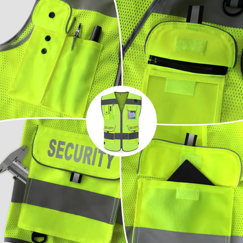 Hella Visible Mesh Safety Vest For Men And Women With Big Time Reflective Striping And Nine Deep Utility Pockets For Solid Day Or Night Job Site Wear In Bright Yellow Xl showcasing pockets and reflective detail.