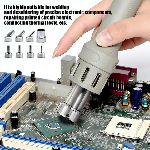 Pro Grade 1000W Hot Air Rework Station With Intelligent Digital Display For Fast Desoldering BGA Rework PCB Soldering Auto Sleep All In One Tool Includes 8 Nozzles For Pros in use on a PCB.