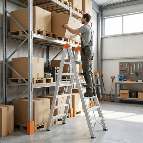 Foldable Twin Front A Frame 6 Step Ladder With Wide Anti Slip Pedals, Compact Portable Lightweight Step Stool, EN131 Certified, 330 Lb Capacity, Handy Space Saving Design For Home, Garage, And Work Truck Use, used in warehouse