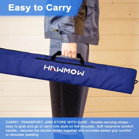Universal Track Saw Guide Rail Carry Bag Up To 42 Inches for easy transport, held by person, displaying durable blue polyester material