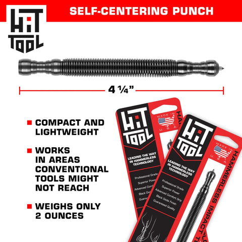 Heavy Duty No Sweat Self Centering Screw Hole Punch With Hammerless Spring Action For Spot On Drill Marks and Quick Mounting Hardware Setup On Wood Or Drywall, 4¼ inches long.