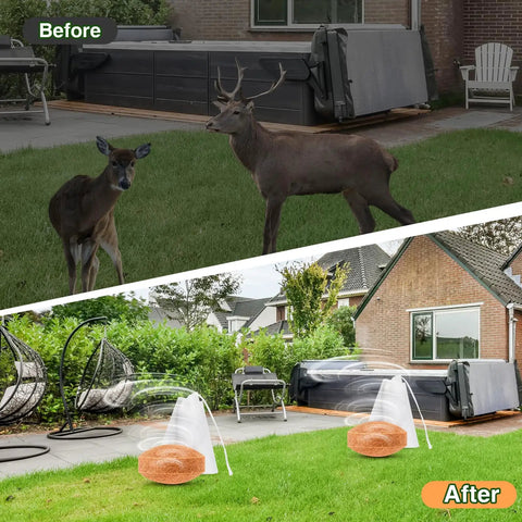 Before and after using 36 Pack Deer And Rabbit Repellent For Outdoor Gardens And Lawns Keeps Plants Safe From Browsing With Humane Mint Scent Deterrent For Plants Flowers Vegetables Trees And More showing deer and rabbit presence