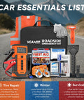 Car essentials kit featuring 8000mAh Portable Jump Starter with Air Compressor and Tire Inflator, roadside emergency items.