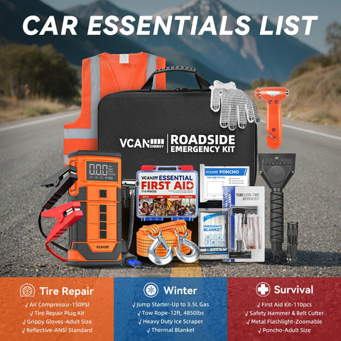 Car essentials kit featuring 8000mAh Portable Jump Starter with Air Compressor and Tire Inflator, roadside emergency items.