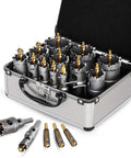 Hole saw set GSTK, 14-piece carbide cutters with titanium-plated pilots in a metal case