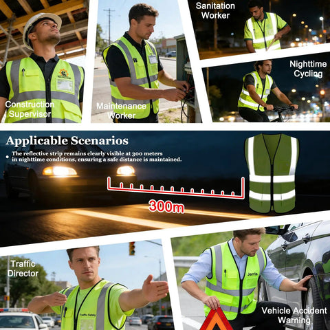 Heavy Duty Custom Safety Vest With Bold High Viz Reflective Striping For Crew Branding And Site Ready Performance Personalized Logo Breathable Mesh Work Gear Built Tough For Day One Crews worn by various workers in nighttime scenarios.