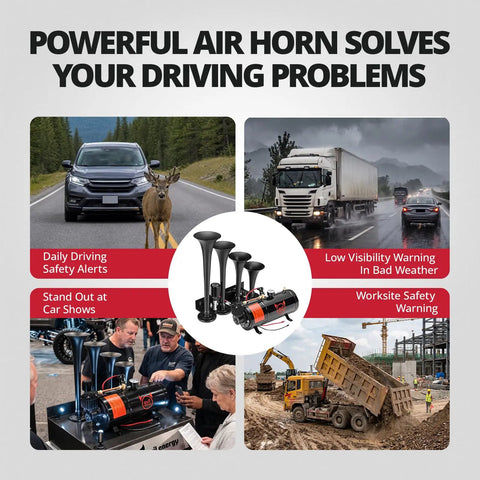 Heavy Duty 12V Train Horn Kit With Direct Wire Parallel 4 Trumpet Design Including 3L Air Tank And 120 Psi Compressor shown in safety alert scenarios.