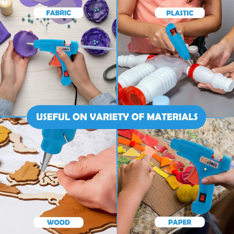 Super Reliable Heavy Duty Mini Hot Glue Gun Kit With Rugged Travel Case And Ten Clear Adhesive Sticks built for various materials like fabric, wood, and plastic.