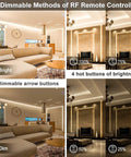 Cozy Warm White LED Strip Lights 32.8ft Dimmable Rope Light With RF Remote Control setup in living room with dimming options