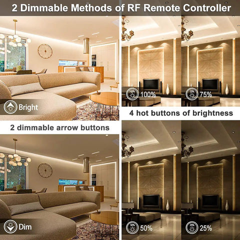 Warm White LED Strip Lights 50.5 Ft Dope Dimmable With RF Remote Control 24V Plug In Adhesive Rope Lights, dimming settings shown