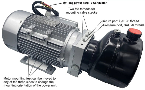 2HP Hydraulic Power Unit For Home Shop With 110/220VAC Single Phase Motor, 0.94 GPM Flow, 3000 PSI Max, 3 Gallon Tank, Adjustable Pressure, 50/60Hz And More