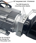 No Nonsense Workhorse 2 HP Hydraulic Power Unit Single Phase Pump Pack with motor, ports, and adjustable mounting feet.