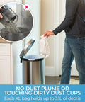 Person placing Type O HEPA Vacuum Bags For Upright Vacuums, 6 Pack That Fits Upright Cleaners into trash bin, avoiding dust plume.