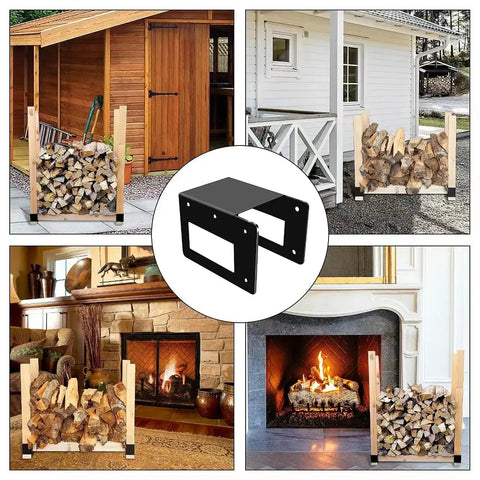 Collage of 4 Pack Firewood Storage Rack Brackets For Indoor Outdoor Use with fireplaces and fire pits, customizable with 2x4s.
