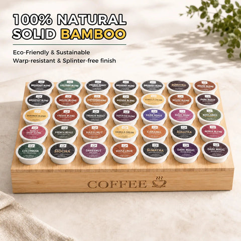 Neat K Cup Pod Organizer for countertop holds 35 pods, bamboo design, eco-friendly storage rack for kitchen or office use.