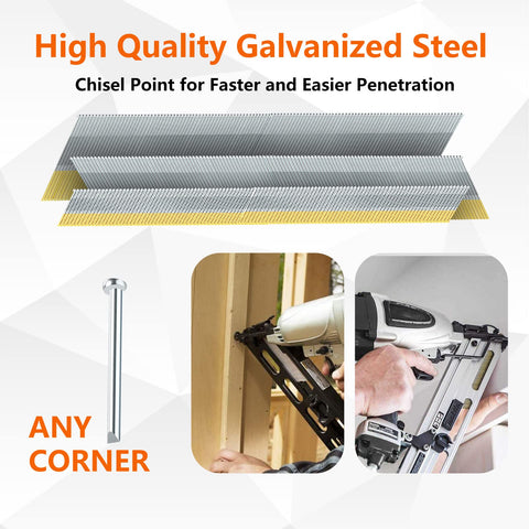 15 Gauge Angled Finish Nails 34 Degree Galvanized Set 900 Pack For Pneumatic Or Electric Nailer Assorted Sizes with nailer in use