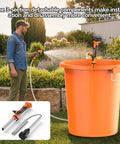 Heavy Duty Battery Powered Stick Water Pump With Three Speed Adjustable Motor used with orange bucket in garden, showcasing portability and ease of use.