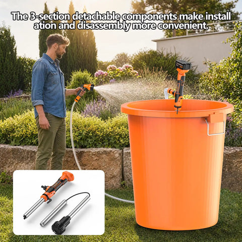 Heavy Duty Battery Powered Stick Water Pump With Three Speed Adjustable Motor used with orange bucket in garden, showcasing portability and ease of use.