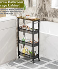 4 Tier Slim Rolling Storage Cart With Wood Top for narrow spaces beside a bathtub, holding toiletries, cosmetics, and bath items.