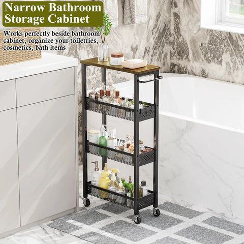 4 Tier Slim Rolling Storage Cart With Wood Top for narrow spaces beside a bathtub, holding toiletries, cosmetics, and bath items.