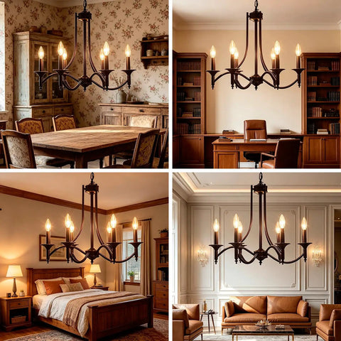 Black Farmhouse Chandelier Industrial Iron Six Light Pendant for living room and dining room settings
