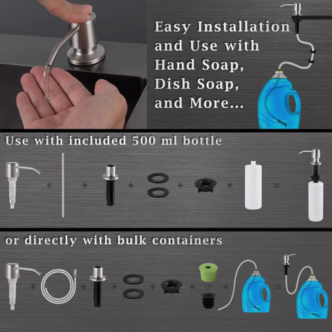 Diagram of Oil Rubbed Bronze Kitchen Soap Dispenser With Pump showing installation and use with bottles and extension kit