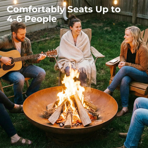Group enjoying Heavy Duty 27.5 Inch Round Wood Burning Fire Pit For Outdoor Use Steel Bonfire Pit With Oxidized Finish in backyard