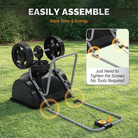 70 Lb Fertilizer Spreader With 15 Adjustable Drop Rate preassembled on grass, featuring 9 inch tires and easy assembly guide.