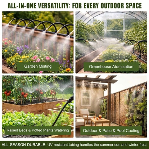 100 Ft Drip Irrigation Kit With Dual Zone Misting System And 30 Copper 360 Degree Adjustable Nozzles for versatile garden and greenhouse use