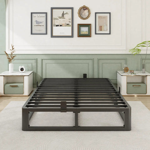 Bulletproof King Bed Frame With 10 Inch Height, Heavy Duty Steel Slats Holding Up To 3500 Lbs, shown in a modern bedroom setting.